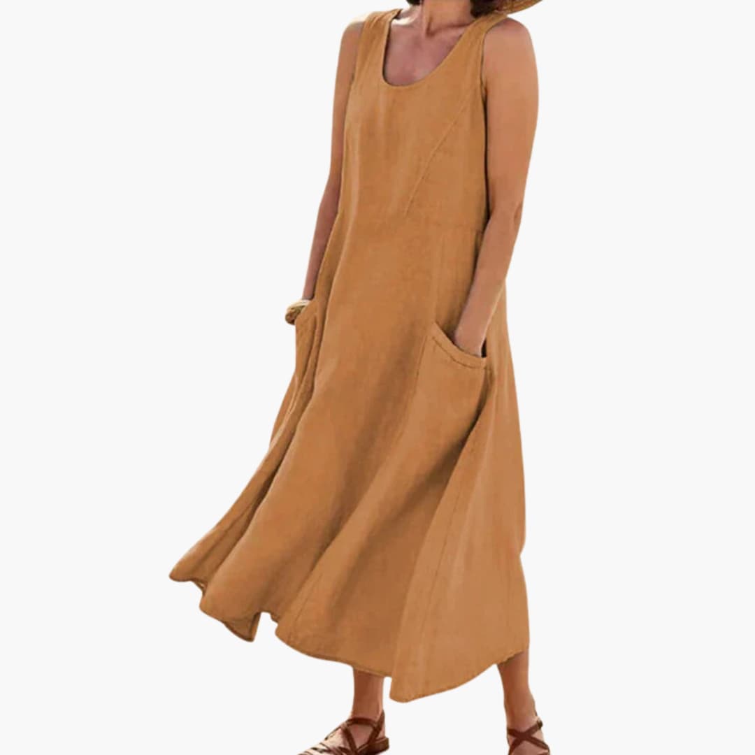 LP | Abito midi senza maniche in lino da donna con scollo rotondo e tasche