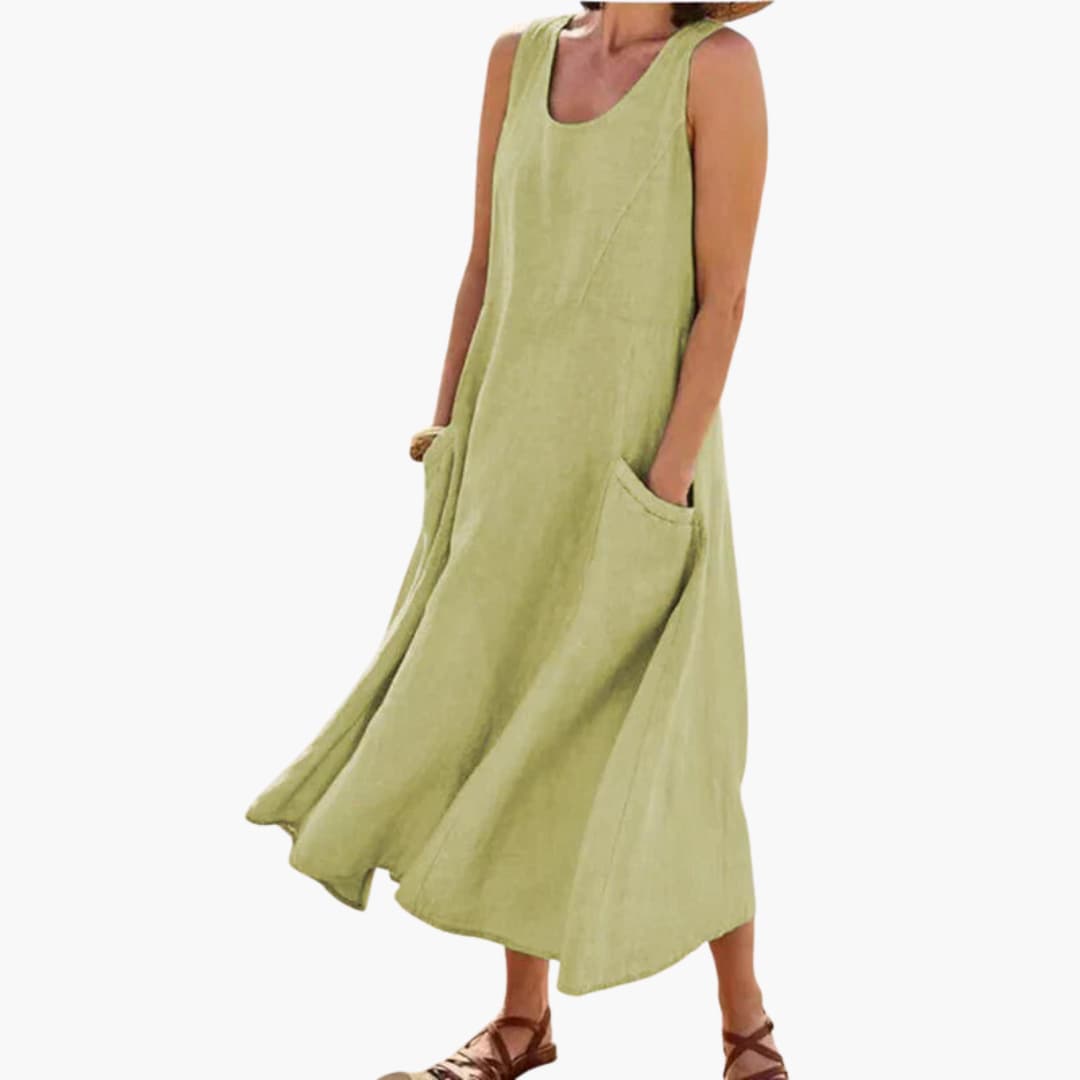 LP | Abito midi senza maniche in lino da donna con scollo rotondo e tasche