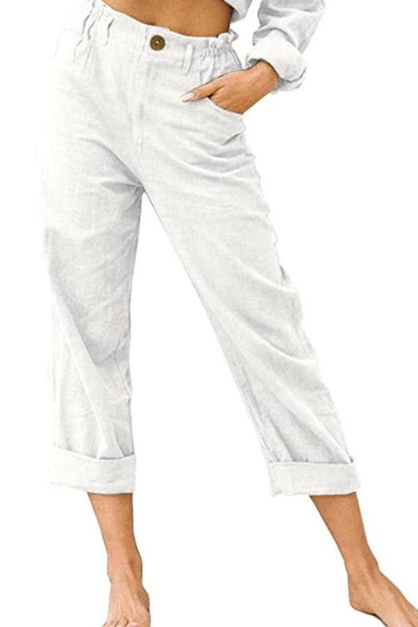LP | Pantaloni casual a vita alta in cotone e lino tinta unita alla moda