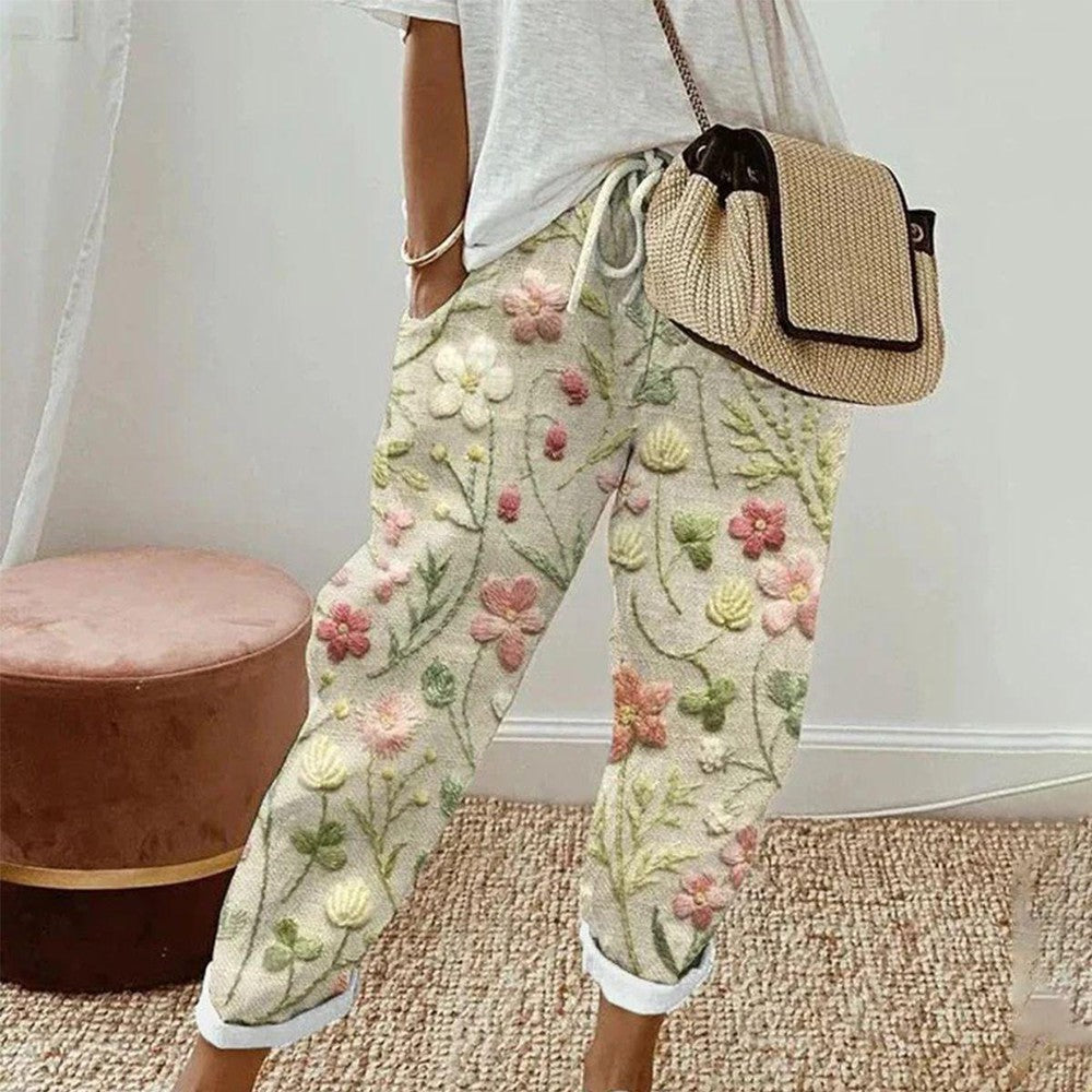 LP | Pantaloni con tasca laterale con stampa di piante fresche