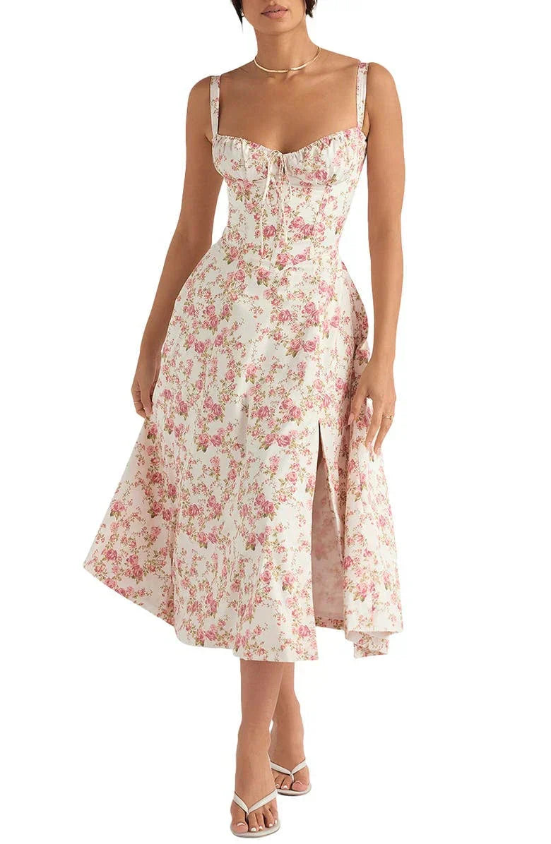 LP | Abito bustier con motivo floreale e cintura in vita