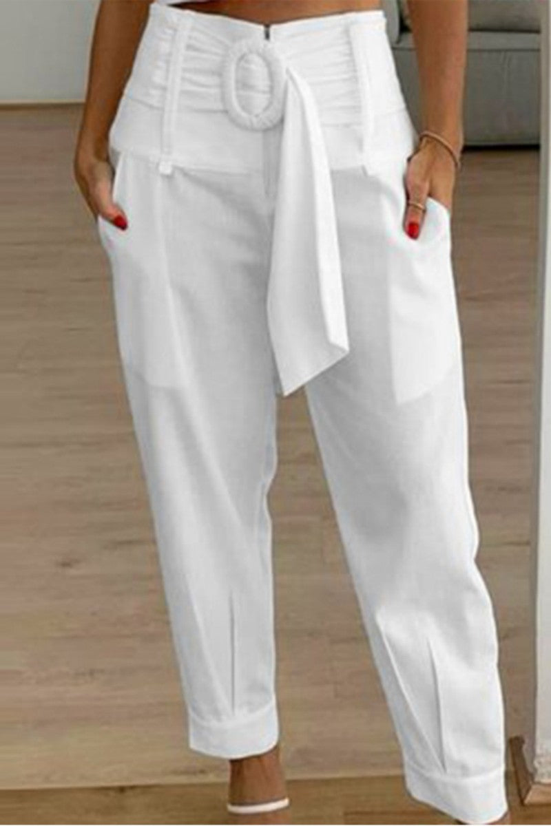 LP | Pantaloni casual solidi patchwork regolari a vita alta convenzionali in tinta unita