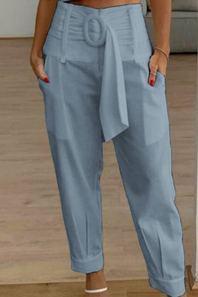 LP | Pantaloni casual solidi patchwork regolari a vita alta convenzionali in tinta unita