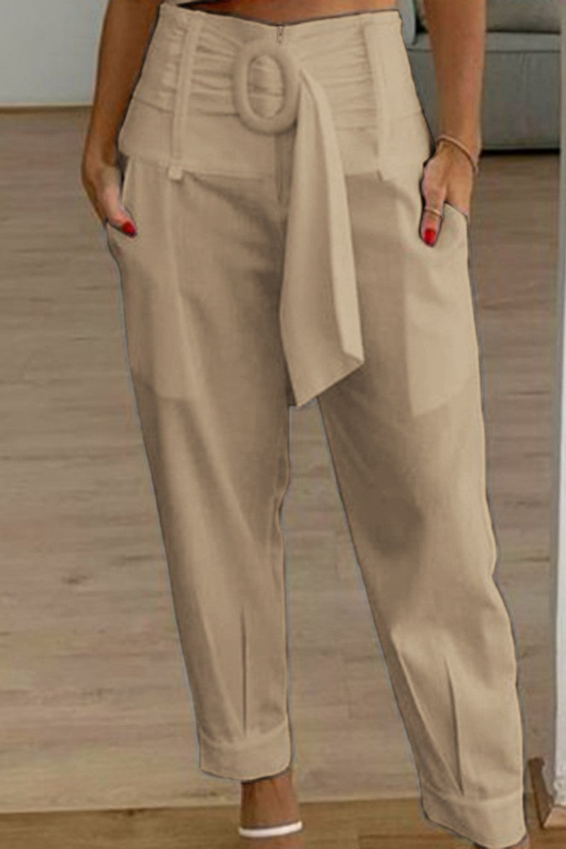 LP | Pantaloni casual solidi patchwork regolari a vita alta convenzionali in tinta unita