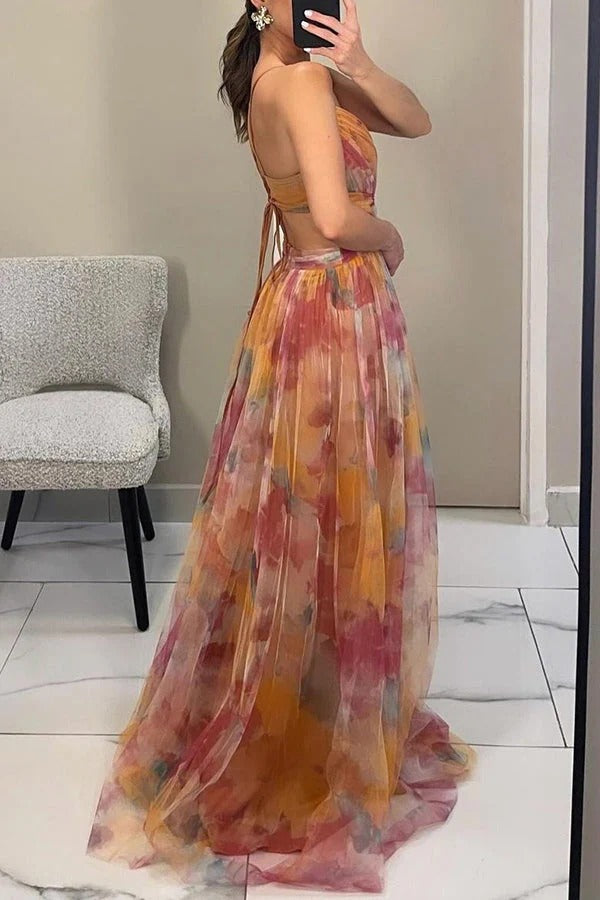 LP | Giselle Tulle Render Stampa Floreale Tagliato in Vita Indietro Allacciato Maxi Abito