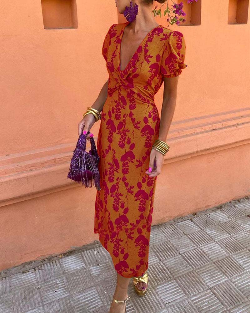 LP | Abito midi floreale vintage con maniche a sbuffo