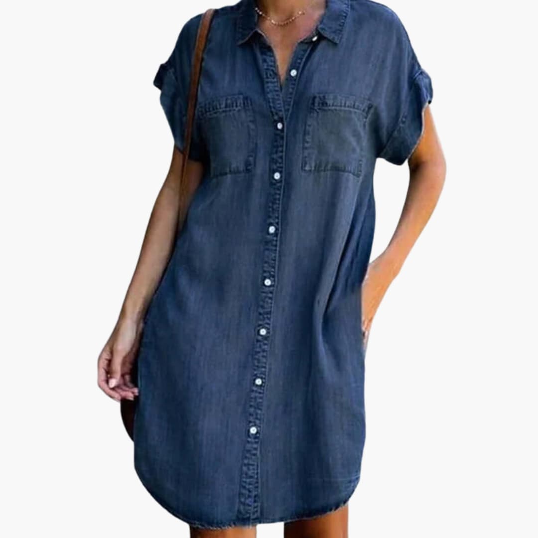 LP | Abito camicia in denim da donna con maniche corte e tasche laterali