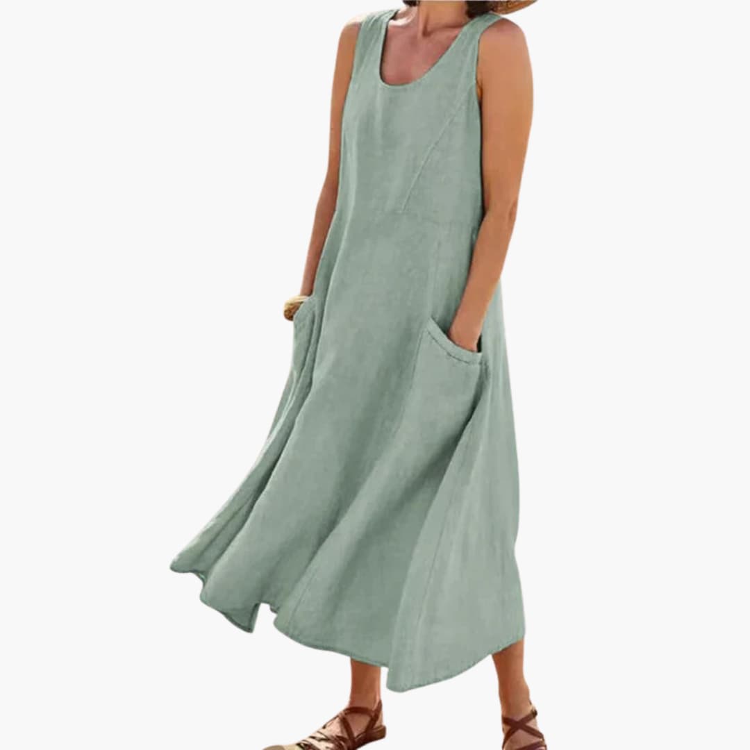 LP | Abito midi senza maniche in lino da donna con scollo rotondo e tasche