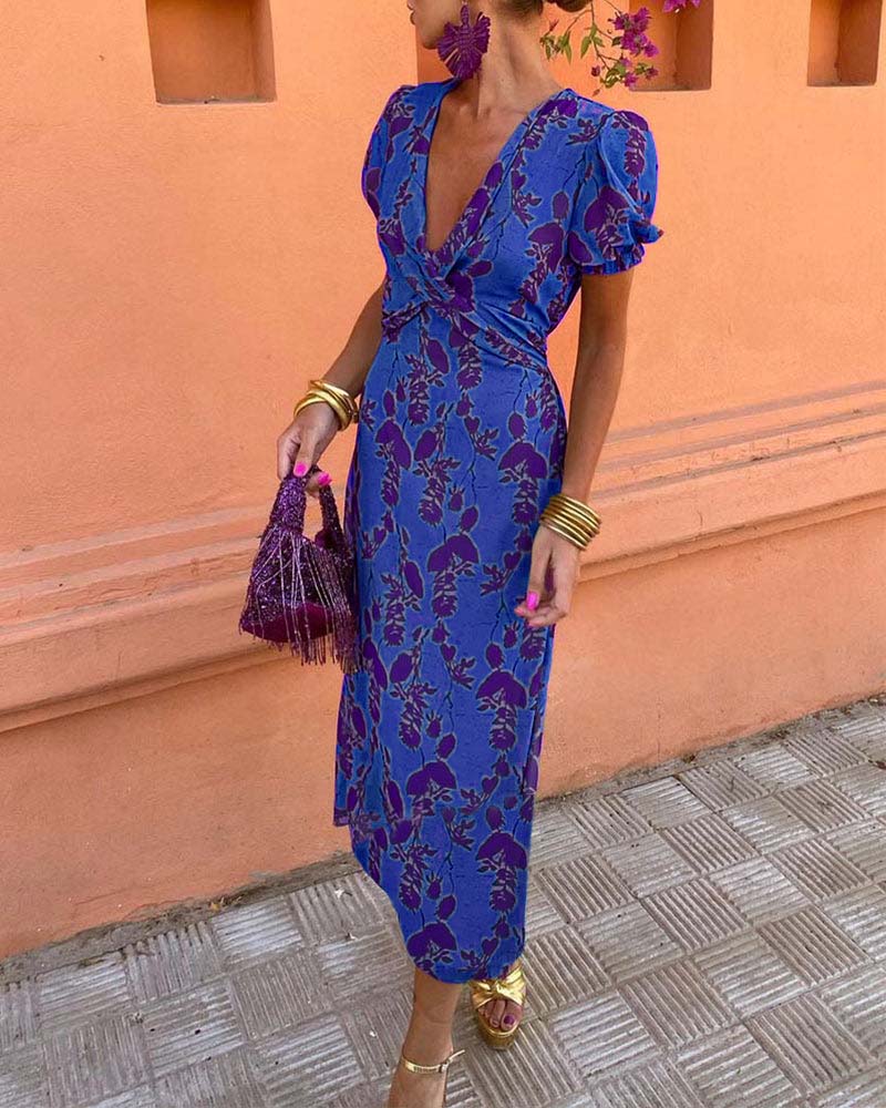 LP | Abito midi floreale vintage con maniche a sbuffo