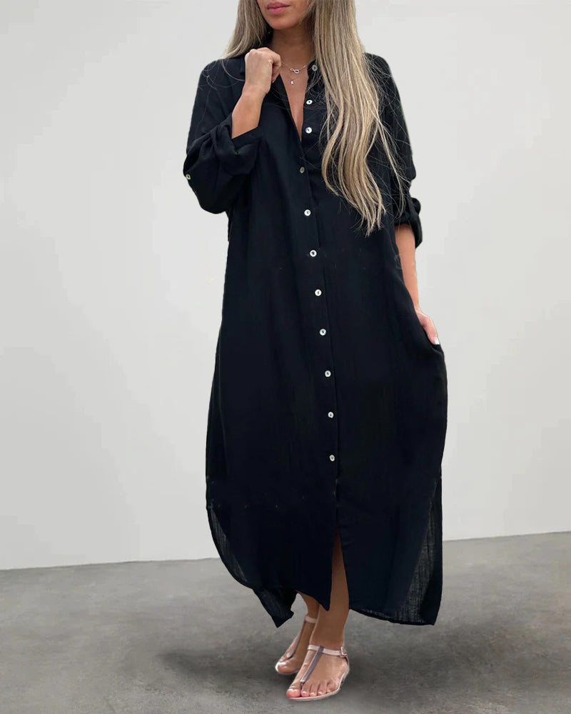 LP | Casual collare pulsante tasca manica lunga camicia abito