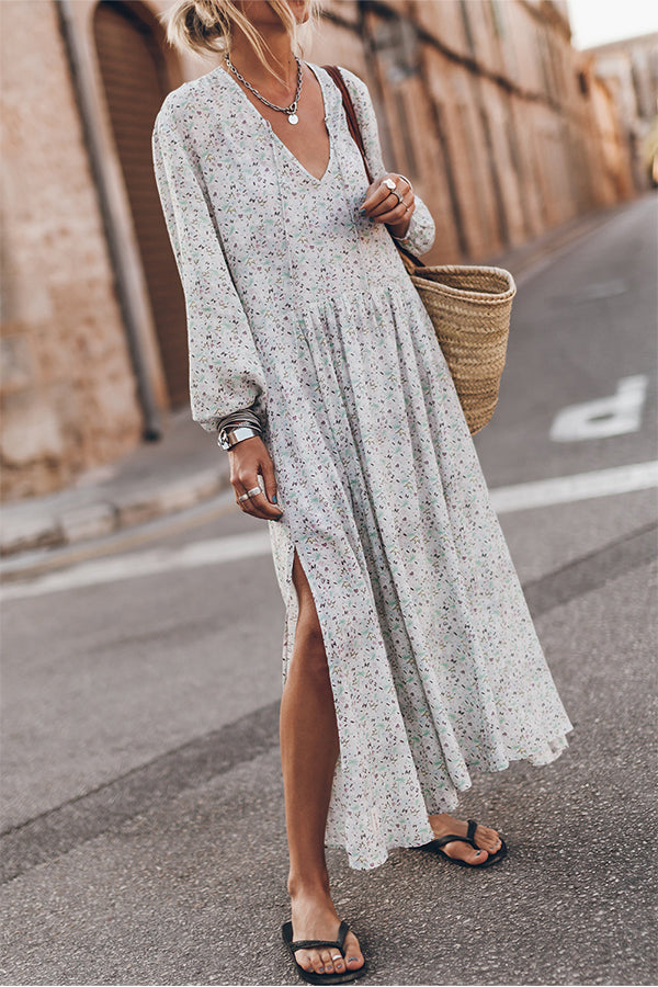 LP | Maxi abito floreale multicolore con scollo a V e spacchi