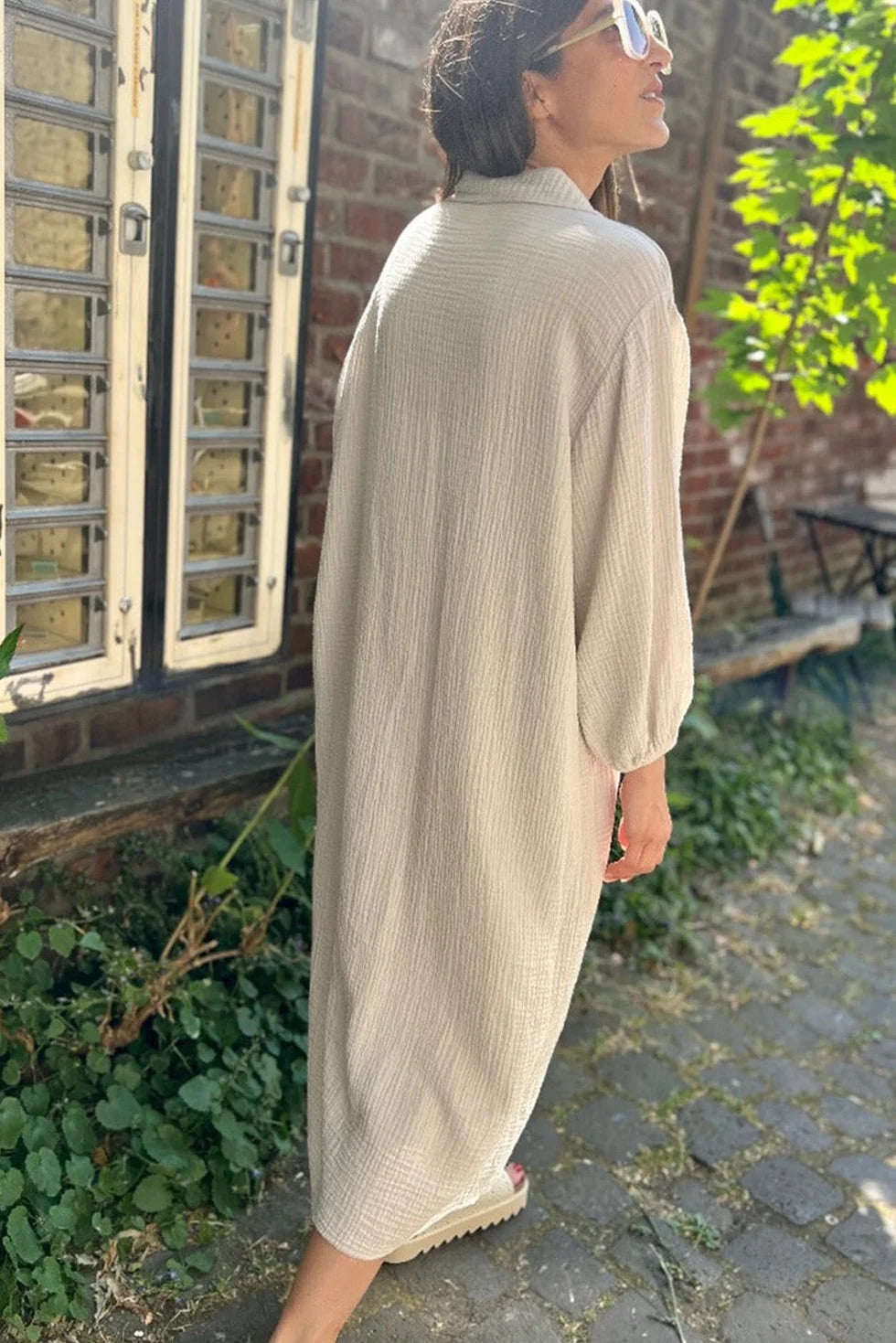 LP | Bianco Colletto risvoltato testurizzato Abito a camicia lungo