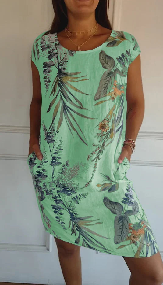 LP | Abito da donna in cotone e lino stampato con scollo rotondo