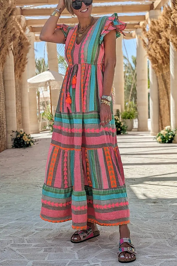 LP | Sunlit Magic - Lino in misto lino con stampa etnica e manica con ruches - Maxi abito con nappe