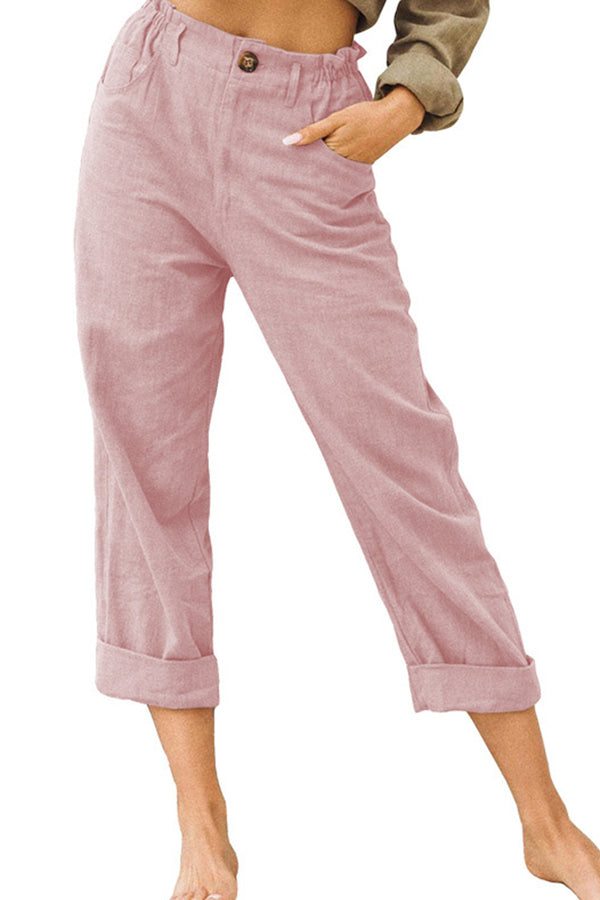 LP | Pantaloni casual a vita alta in cotone e lino tinta unita alla moda
