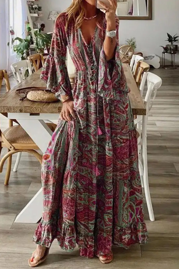 LP | Maxi abito a maniche lunghe con scollo a V e stampa Peris per le vacanze