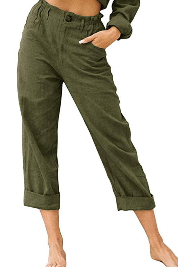 LP | Pantaloni casual a vita alta in cotone e lino tinta unita alla moda