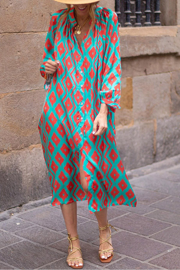 LP | Azzurro Stampa geometrica Scollo diviso Abito a camicia sciolto