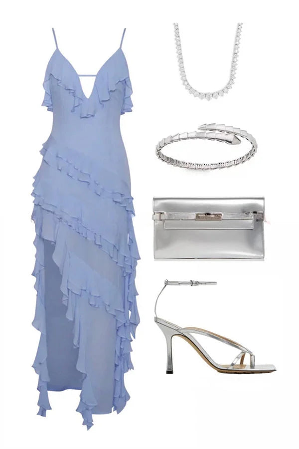 LP | Abito lungo e fluente con balze sovrapposte e spacco irregolare per un look elegante