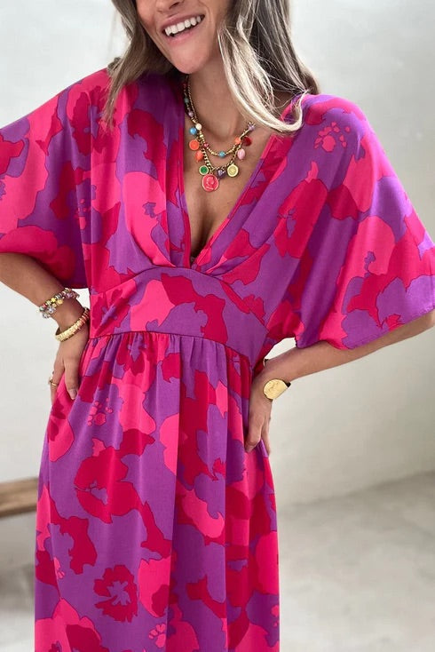 LP | Rose Abstract Floral Print - Maxi abito Dolman con scollatura a V