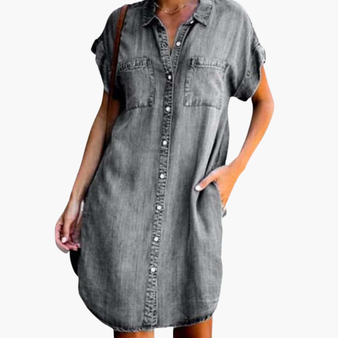 LP | Abito camicia in denim da donna con maniche corte e tasche laterali