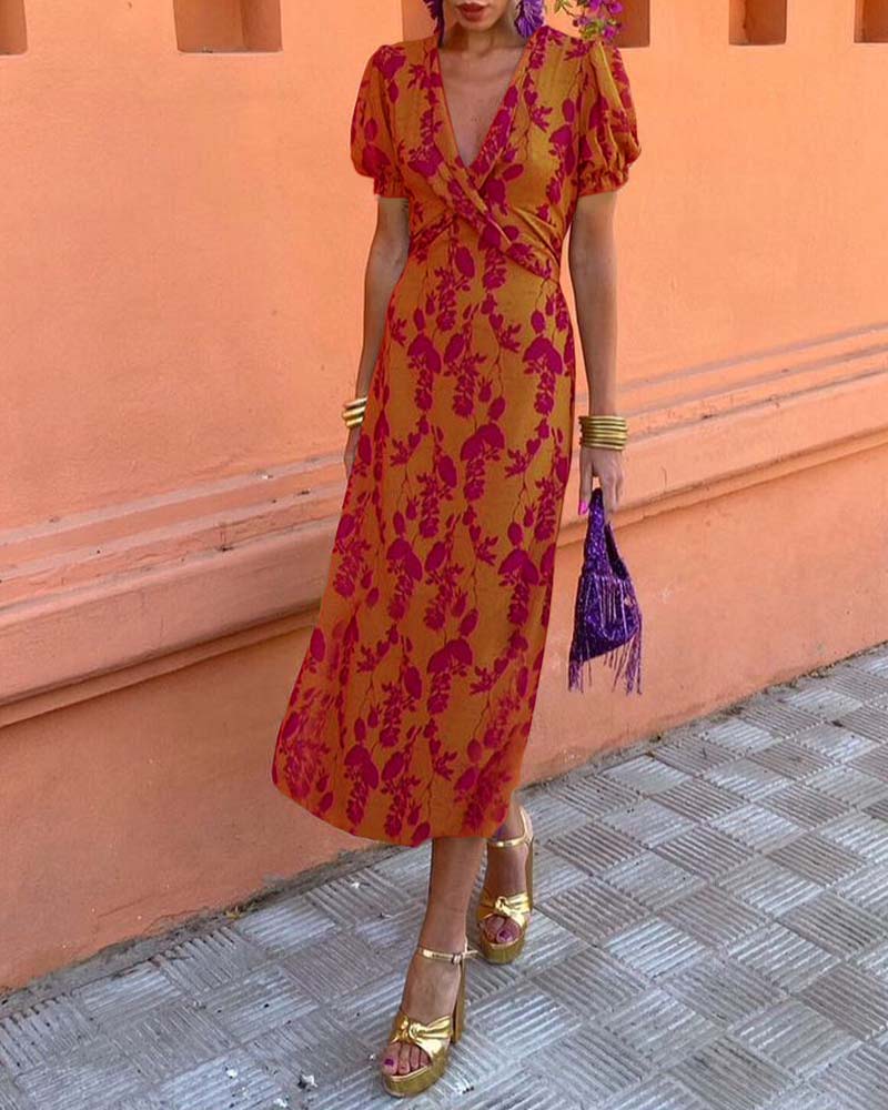 LP | Abito midi floreale vintage con maniche a sbuffo