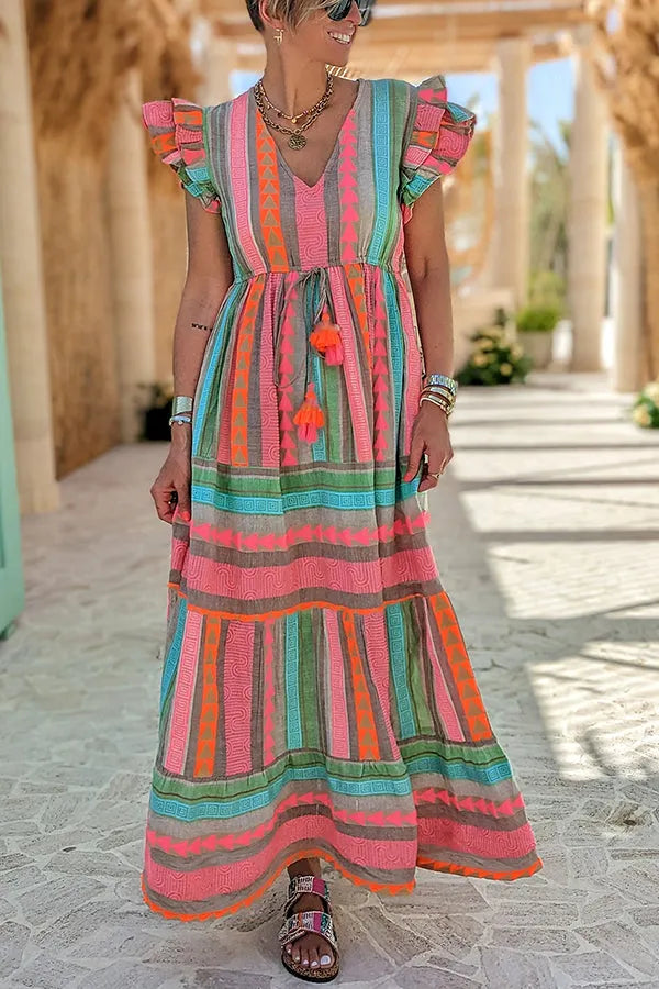 LP | Sunlit Magic - Lino in misto lino con stampa etnica e manica con ruches - Maxi abito con nappe