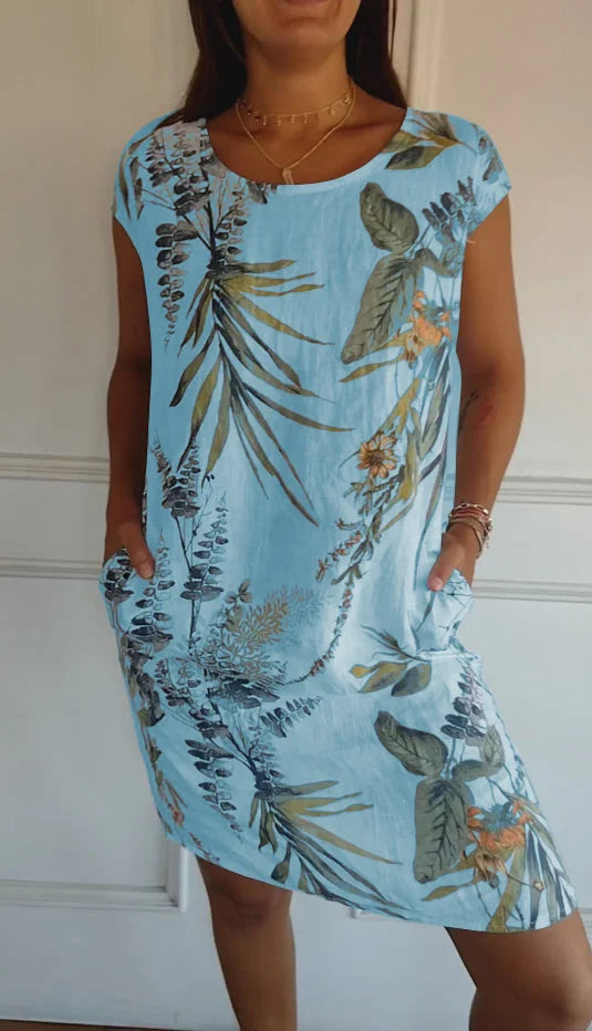 LP | Abito da donna in cotone e lino stampato con scollo rotondo