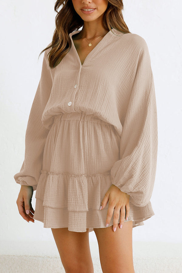 LP | Pulsante manica lunga allentata camicia abito vita elasticizzata gonna volant