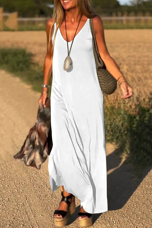 LP | Maxi abito casual allentato e senza maniche con scollo a V in tinta unita