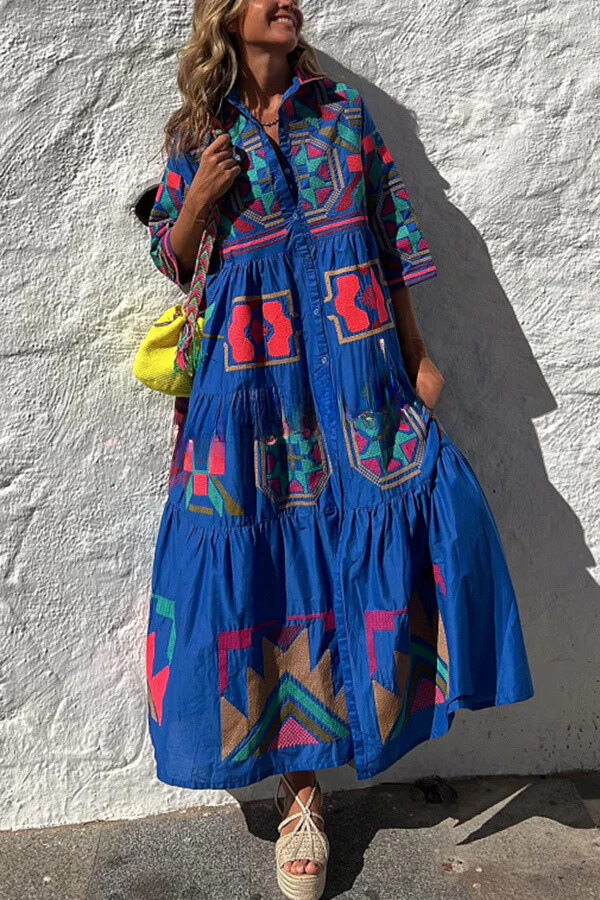 LP | Portami a Cabo Stampa etnica unica Pulsante Camicia allentata Midi Dress