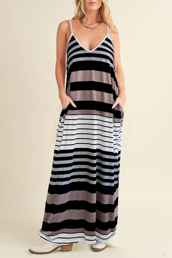 LP | Maxi abito a righe multicolore con scollo a V e cinturino a spaghetti