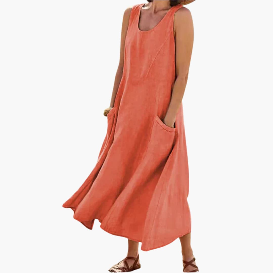 LP | Abito midi senza maniche in lino da donna con scollo rotondo e tasche