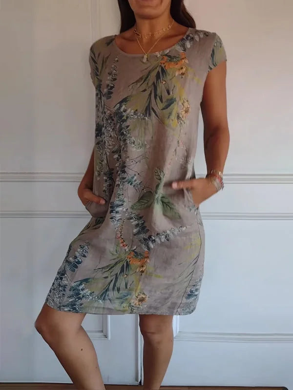 LP | Abito da donna in cotone e lino stampato con scollo rotondo