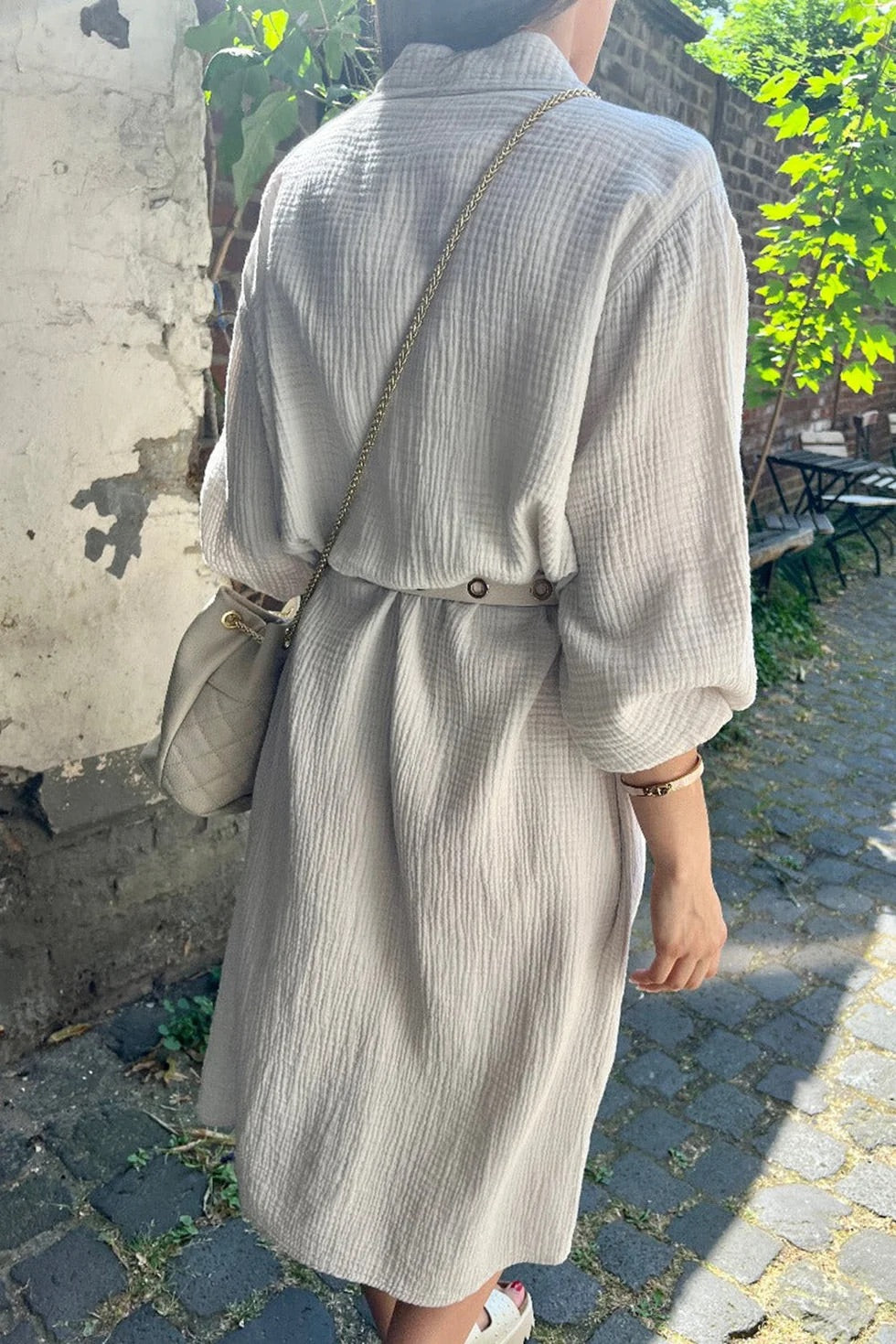 LP | Bianco Colletto risvoltato testurizzato Abito a camicia lungo