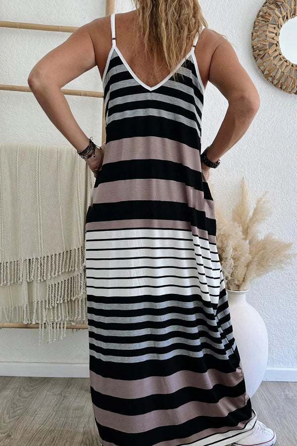 LP | Maxi abito a righe multicolore con scollo a V e cinturino a spaghetti