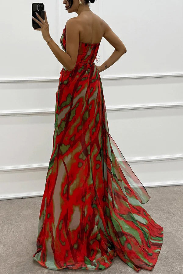 LP | Amazing Views Stampa acquerello Dettaglio rosa piuma Off Shoulder Maxi abito con spacco a pieghe