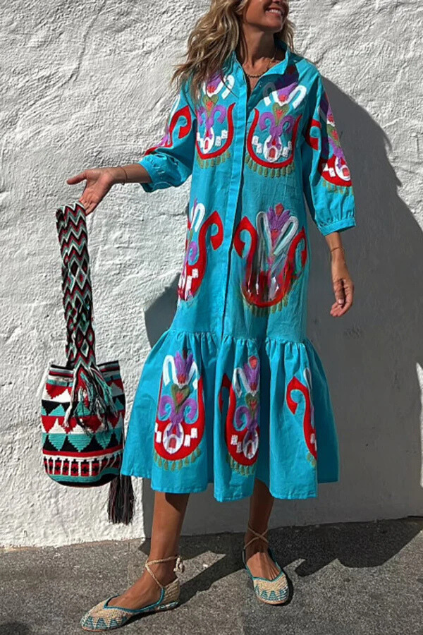 LP | Portami a Cabo Stampa etnica unica Pulsante Camicia allentata Midi Dress