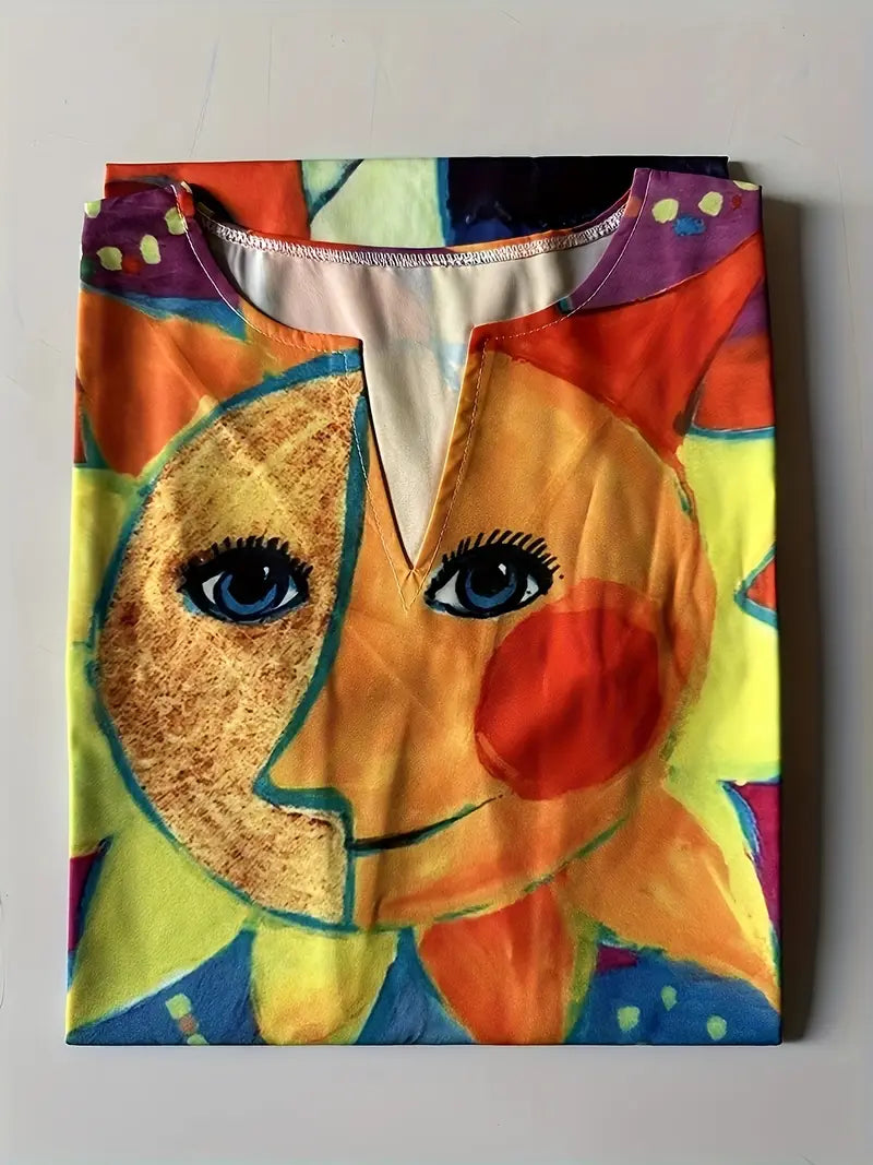 LP | Gatto artistico colorato con scollo a V e abito midi senza maniche per donna