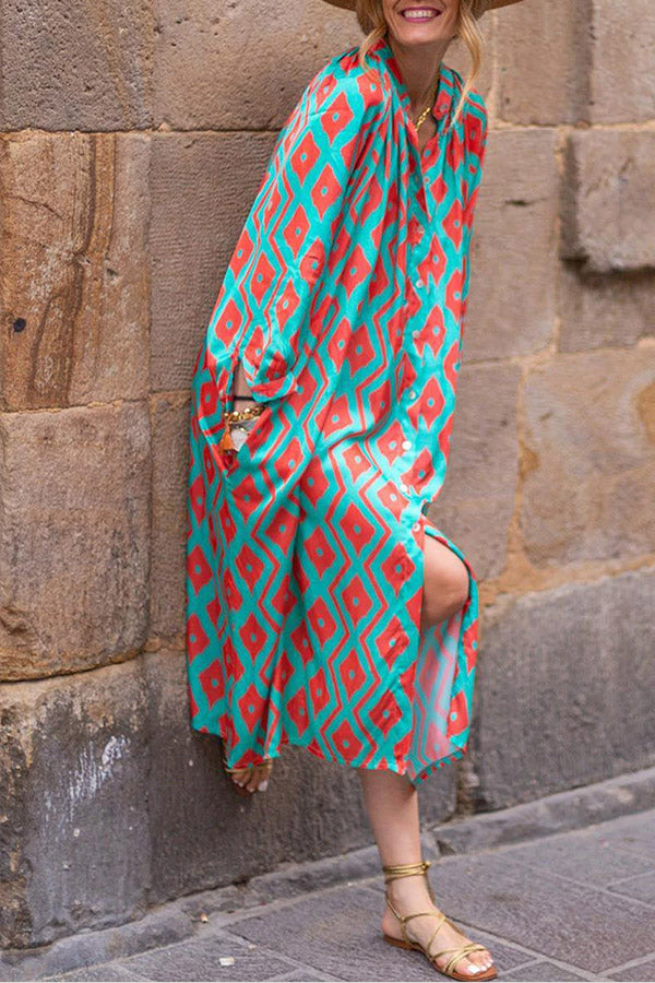 LP | Azzurro Stampa geometrica Scollo diviso Abito a camicia sciolto