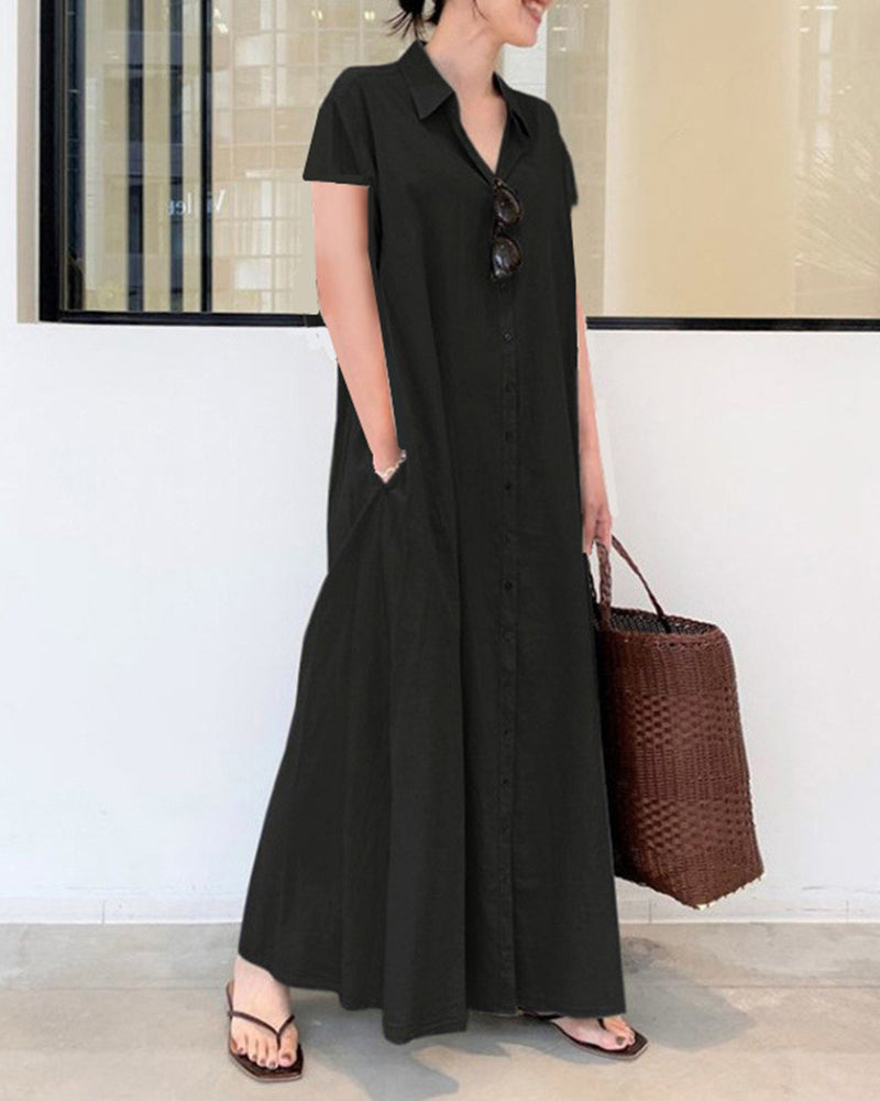 LP | Vestito da spiaggia allentato casual a manica corta Colore solido Temperamento allentato Vestito a camicia lunga