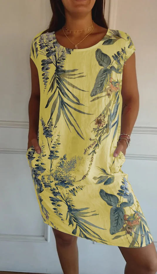 LP | Abito da donna in cotone e lino stampato con scollo rotondo