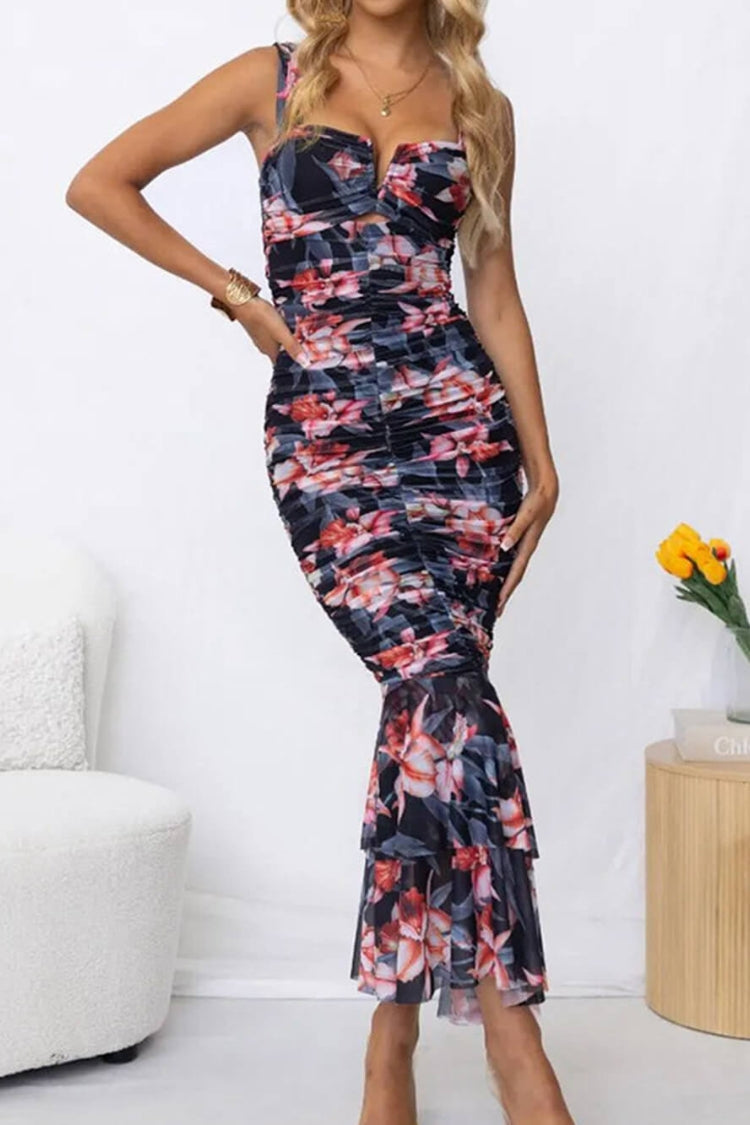 LP | Styled To Perfection Maxi abito floreale con orlo increspato e volant in rete