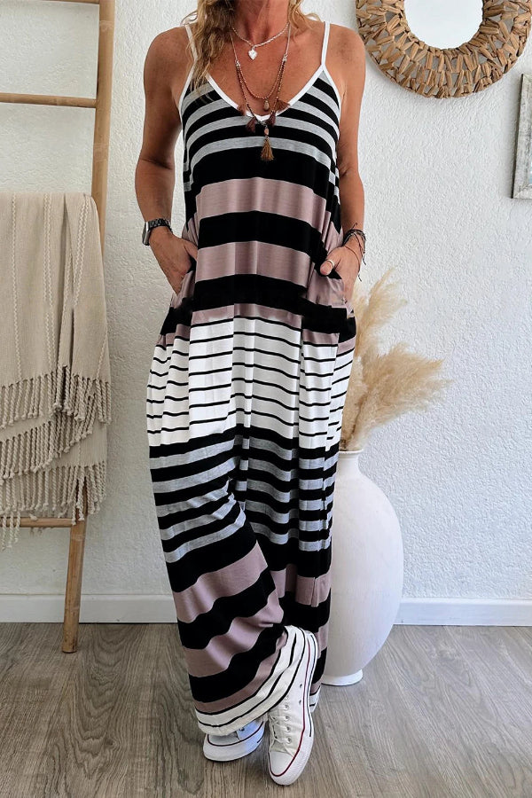 LP | Maxi abito a righe multicolore con scollo a V e cinturino a spaghetti