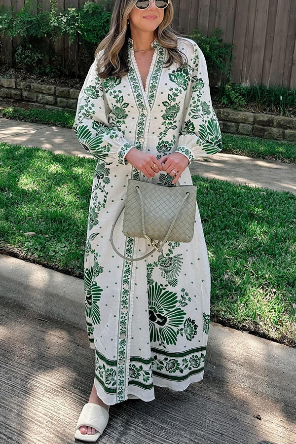 LP | Stampa unica Pulsante giù camicia a maniche lunghe Maxi Dress