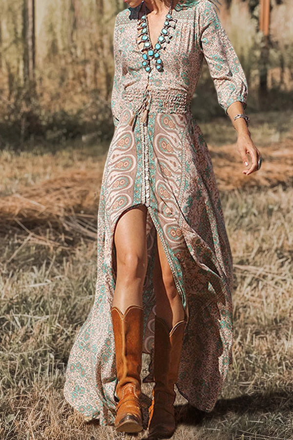 LP | Bellissimo maxi abito stampato a maniche lunghe con scollo a V