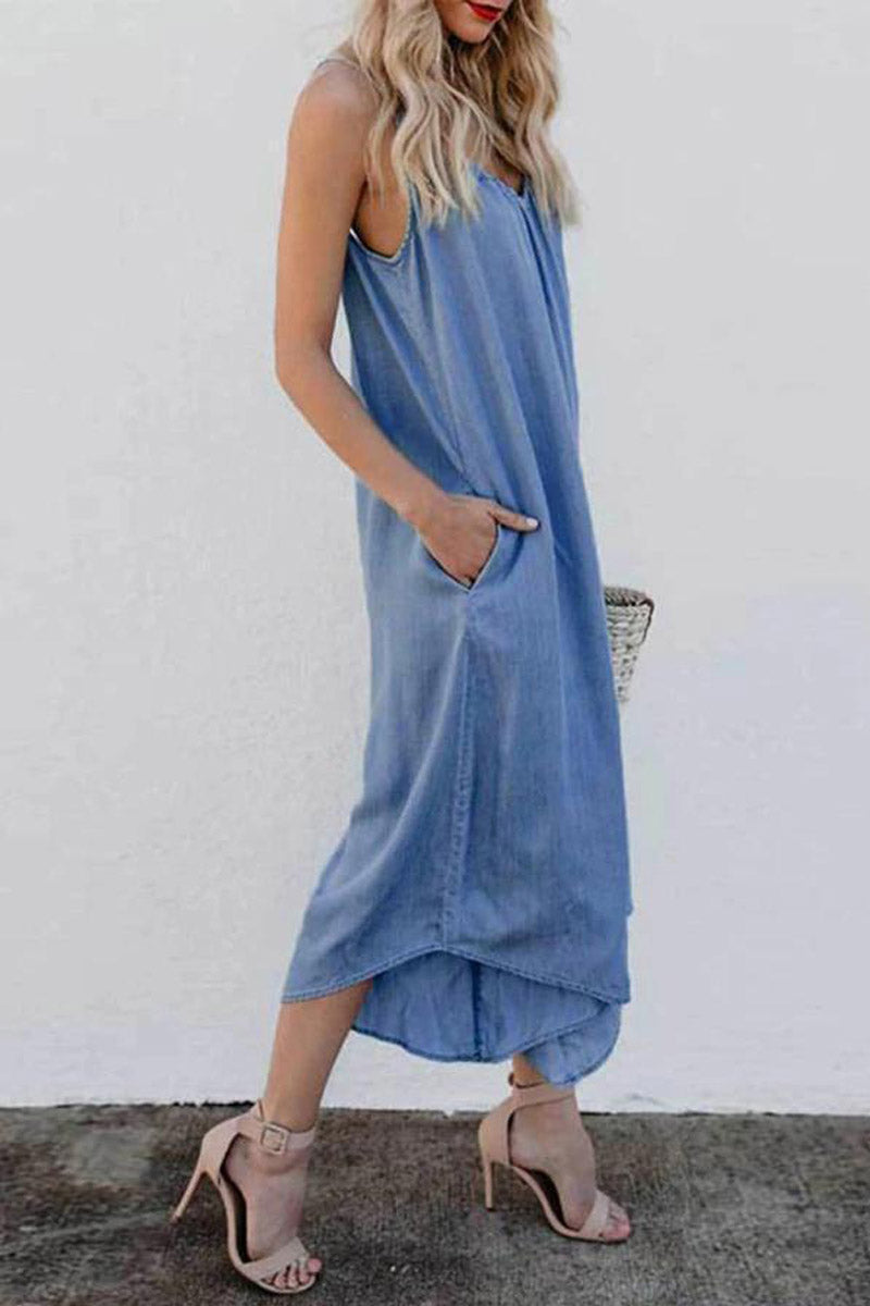 LP | Tuta in denim senza maniche con scollo a V e gamba larga