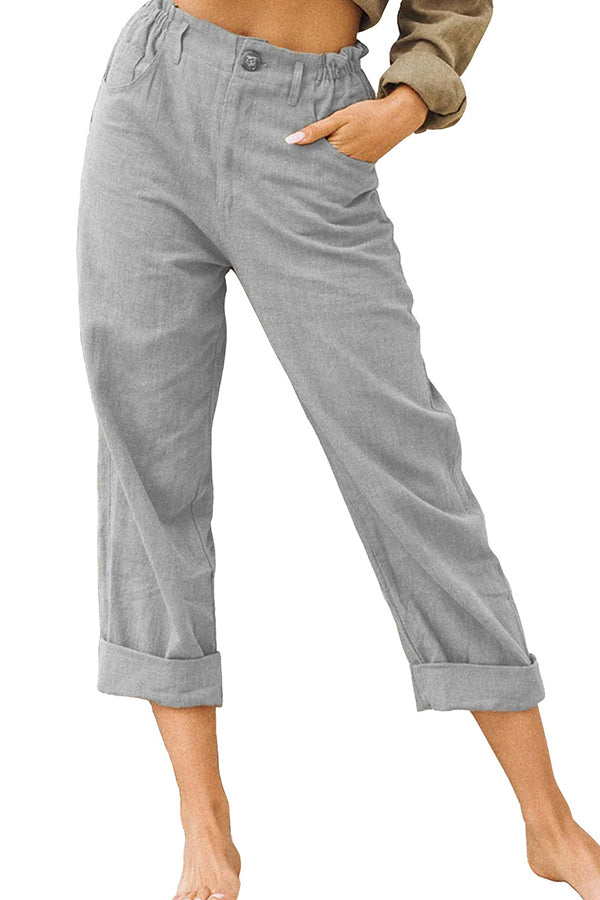 LP | Pantaloni casual a vita alta in cotone e lino tinta unita alla moda