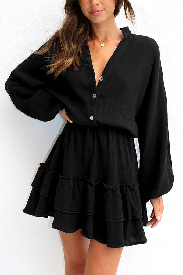 LP | Pulsante manica lunga allentata camicia abito vita elasticizzata gonna volant