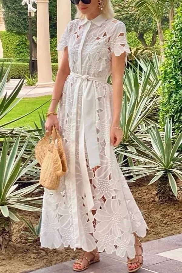 LP | Dubai Style floreale all'uncinetto pizzo manica corta Tie-up camicia Maxi Dress